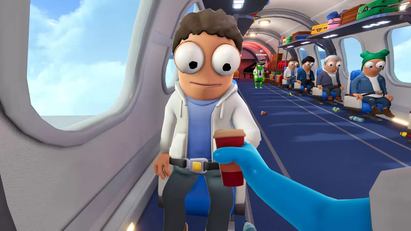 A cabin crew member serving a drink to a passenger in Dear Passengers