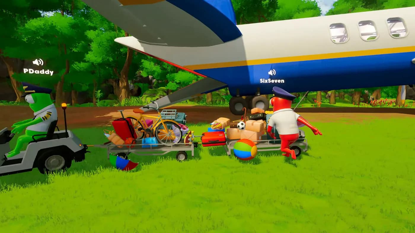 Players loading cargo beside an aircraft in Dear Passengers