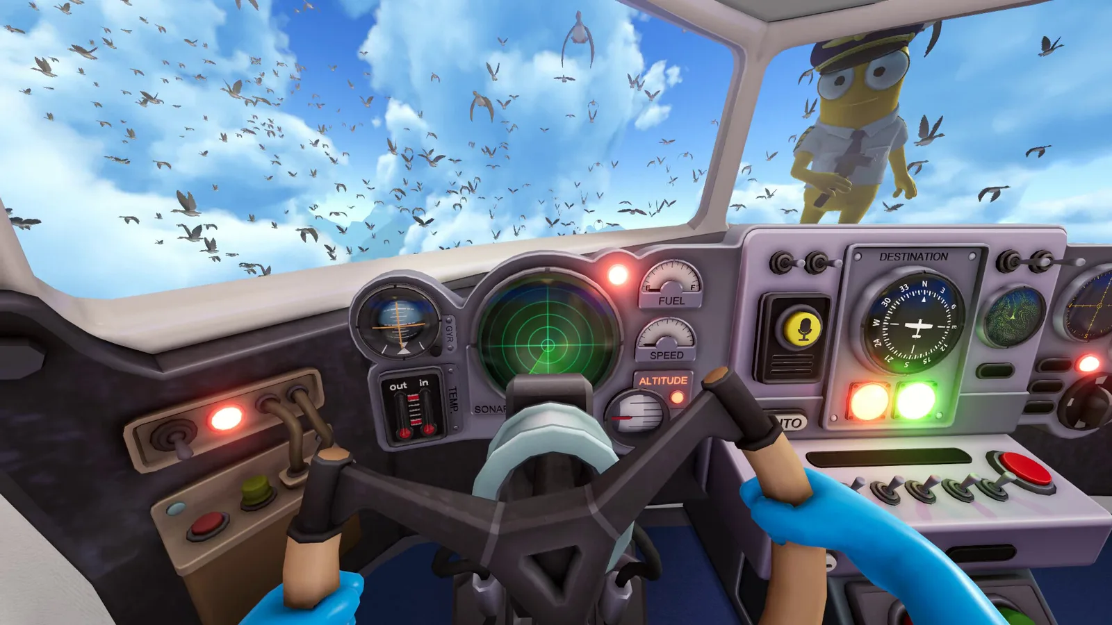 First-person cockpit view in Dear Passengers with birds surrounding the aircraft
