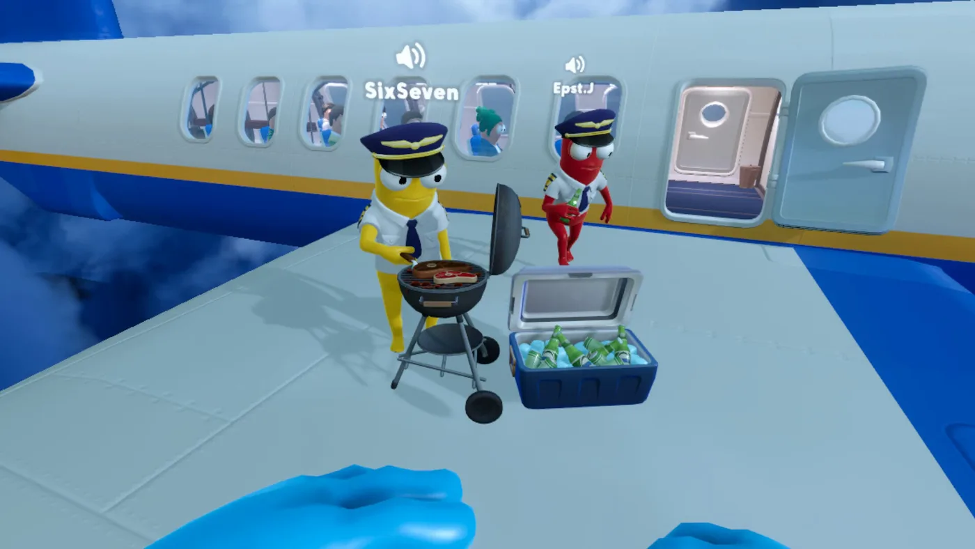 Dear Passengers crew members grilling food on the wing of an aircraft