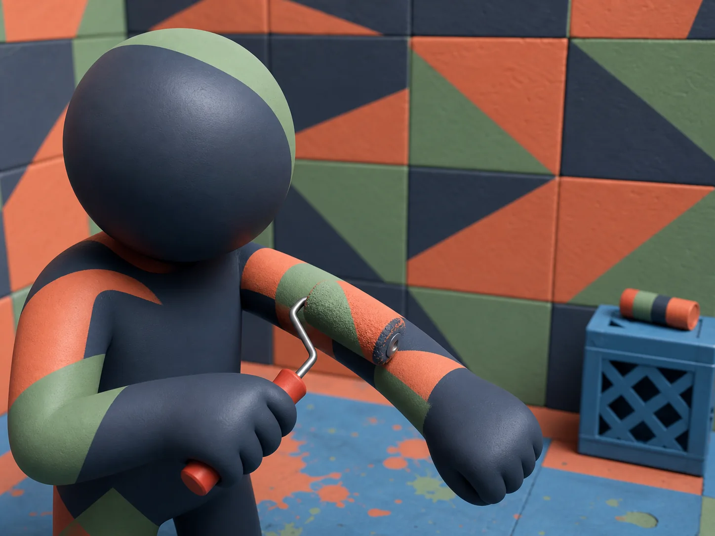 Original illustration of a character painting a camouflage pattern to match a wall